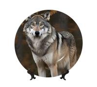 QMNKLET Piatto decorativo in porcellana Bone China, 15,2 cm, con lupo selvatico grigio selvatico, con espositore, ornamenti in ceramica artistica piatto in porcellana per casa ufficio decorazione da