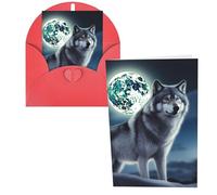 QMNSEHF Biglietto di auguri con buste con lupo sotto la luna, biglietto di ringraziamento per donne, uomini, Natale, Halloween, matrimonio, biglietti di auguri per tutte le occasioni, 10 x 15 cm