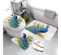 QMNSEHF Set di 3 tappetini da bagno con pittura ad acquerello con pavone, morbidi tappetini da bagno assorbenti e tappetino sagomato a forma di U, copriwater antiscivolo, per bagno e doccia, 80 x 50