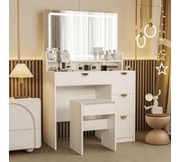 QMTXBYJ 90 cm grande tavolo da toeletta con specchio a LED e sgabello, 3 luminosità regolabile, tavolo da trucco con grande specchio e supporto, tavolino con multipresa, 4 cassetti e 4 ripiani aperti