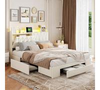 QMTXBYJ Letto 140 x 200 con rete a LED e USB, letti matrimoniali 140 x 200 con 4 cassetti, letto imbottito con rete a doghe, testiera con ripostiglio, letti matrimoniali per adulti e adolescenti