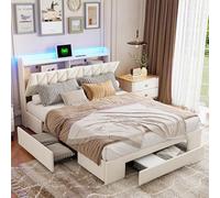 QMTXBYJ Letto 160 x 200 con rete LED e USB, letti matrimoniali 160 x 200 con 4 cassetti, letto imbottito con rete a doghe, testiera con ripostiglio, letto matrimoniale per adulti e adolescenti