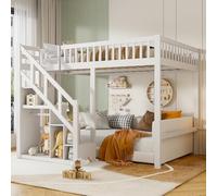 QMTXBYJ Letto a castello per bambini 90 x 200 cm, letto a soppalco 2 posti con scala di stoccaggio, letti capanna per bambini 90 x 200, letto per bambini 2 posti con barriere e rete, senza materasso