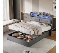QMTXBYJ Letto baule 140 x 190 con illuminazione a LED e porta USB, letto idraulico con ripiani aperti e portaoggetti nascosto in testiera imbottita, letti 2 persone con 2 cassetti e rete a doghe, lino