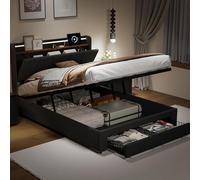 QMTXBYJ Letto baule 140 x 190 con illuminazione a LED e porta USB, letto idraulico con ripiani aperti e portaoggetti nascosto in testiera imbottita, letti 2 persone con 2 cassetti e rete a doghe, lino