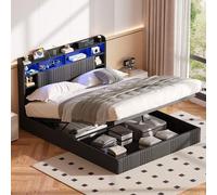 QMTXBYJ Letto baule 140 x 200 cm con illuminazione a LED e porta USB, letto idraulico con ripiani aperti e ripostiglio nascosto in testiera imbottita, letto matrimoniale con rete in legno e lino
