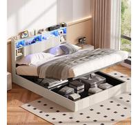 QMTXBYJ Letto baule 140 x 200 cm con illuminazione a LED e porta USB, letto idraulico con ripiani aperti e ripostiglio nascosto in testiera imbottita, letto matrimoniale con rete in legno e lino