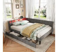 QMTXBYJ Letto baule 140 x 200 con illuminazione a LED e presa USB, letto matrimoniale 140 x 200 con 2 cassetti, pareti laterali intercambiabili, letto per bambini imbottito con rete a doghe, velluto