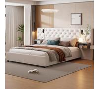 QMTXBYJ Letto baule 160 x 200 con illuminazione a LED e USB, letto idraulico con testiera del letto, 2 comodini e ripostiglio nascosto, letti 2 persone con rete a doghe, legno in velluto, senza
