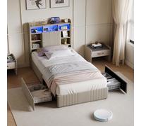 QMTXBYJ Letto baule 90 x 200 con illuminazione a LED e presa USB, letti singoli 90 x 200 con 2 cassetti, testiera imbottita con spazio di archiviazione, letti 1 posto con rete a doghe, lino (senza