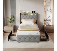 QMTXBYJ Letto baule 90 x 200 con illuminazione a LED e USB, letti singoli 90 x 200 con 2 cassetti, testiera imbottita con spazio di archiviazione, letti 1 posto con rete a doghe (senza materasso)