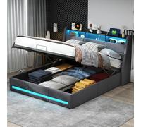 QMTXBYJ Letto imbottito 140 x 190 cm, letto baule idraulico con spazio di archiviazione e rete a doghe letto matrimoniale 140 x 190, testiera LED con vano portaoggetti e funzione di ricarica USB