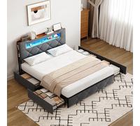 QMTXBYJ Letto imbottito 140 x 190 cm, letto matrimoniale a LED con 4 cassetti e rete a doghe, testiera a LED con funzione di ricarica USB, 140 x 190, per adulti e ragazzi, in flanella, grigio