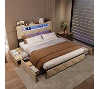 QMTXBYJ Letto imbottito 140 x 190 cm, letto matrimoniale con LED, 4 cassetti e rete a doghe, testiera con spazio e funzione di ricarica USB, letto con rete a doghe 140 x 190, letto per ragazzi