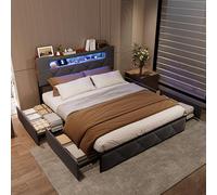 QMTXBYJ Letto imbottito 140 x 190 cm, letto matrimoniale con LED, 4 cassetti e rete a doghe, testiera con spazio e funzione di ricarica USB, letto con rete a doghe 140 x 190, letto per ragazzi