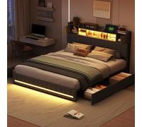 QMTXBYJ Letto imbottito 140 x 190 cm, testiera LED con funzione di ricarica USB, letto matrimoniale con 4 cassetti e rete a doghe, letto matrimoniale 140 x 190 cm, con rete a doghe, per adulti e