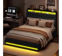 QMTXBYJ Letto Imbottito 140 x 200 cm,Letti Matrimoniale a LED con Spazio e Rete a Doghe,Letto Baule 140 x 200 con Vano Portaoggetti e Funzione di Ricarica USB,Letti per Adulti e Adolescenti