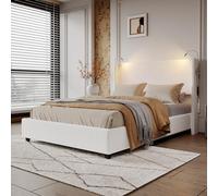 QMTXBYJ Letto imbottito 140 x 200 cm, letto matrimoniale a LED con spazio e rete a doghe, testiera a LED con vano portaoggetti, letto idraulico, schienale letto, senza materasso, bianco