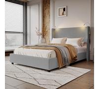 QMTXBYJ Letto imbottito 140 x 200 cm, letto matrimoniale a LED con spazio e rete a doghe, testiera a LED con vano portaoggetti, letto idraulico, schienale letto, senza materasso, grigio