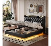QMTXBYJ Letto imbottito 140 x 200 cm, testiera LED con vano portaoggetti e funzione di ricarica USB, letti galleggianti letto matrimoniale 140 x 200, letto baule idraulico con rete a doghe in PU