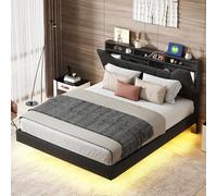 QMTXBYJ Letto imbottito 140 x 200 cm, testiera LED con vano portaoggetti e funzione di ricarica USB, letti galleggianti letto matrimoniale 140 x 200, letto baule idraulico con rete a doghe in PU
