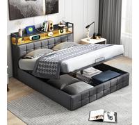 QMTXBYJ - Letto imbottito 160 x 200 cm, letto contenitore idraulico con spazio portaoggetti e rete a doghe, letto matrimoniale 160 x 200, testiera LED con vano portaoggetti e funzione di ricarica USB