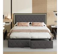 QMTXBYJ Letto imbottito 160 x 200 cm, letto matrimoniale con testiera a LED e 4 cassetti, letto per bambini, letto con materasso e rete a doghe, struttura del letto con testiera regolabile