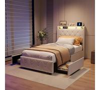 QMTXBYJ Letto imbottito 90 x 200 cm, letto matrimoniale con 2 cassetti, illuminazione a LED e funzione di ricarica USB, letto per ragazzi 90 x 200 cm, con cassetti, letto singolo con testiera