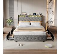 QMTXBYJ Letto imbottito 90x200 con 2 cassetti, Letto singolo con contenitore 90x200, testiera LED con funzione di ricarica USB, Struttura letto Singoli con rete a doghe per Ragazzi, senza Materasso