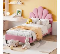 QMTXBYJ Letto imbottito per bambini, 90 x 200 cm, letti da ragazza in legno massiccio e velluto, letto singolo 90 x 200 cm, telaio letto con testiera a forma di fiore e rete a doghe senza materasso