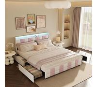 QMTXBYJ Letto matrimoniale 140 x 190, cornice di letti con 4 cassetti e rete a doghe, letti imbottiti 140 x 190, testiera LED con vano portaoggetti e 2 USB, letto matrimoniale per adolescenti