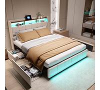 QMTXBYJ Letto matrimoniale 140 x 190, telaio letto con 4 cassetti e rete a doghe imbottite, letti imbottiti 140 x 190, testiera LED con vano portaoggetti e 2 USB, letto matrimoniale per adolescenti