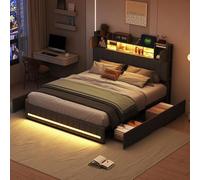 QMTXBYJ Letto matrimoniale 140 x 190, telaio letto con 4 cassetti e rete a doghe imbottite, letti imbottiti 140 x 190, testiera LED con vano portaoggetti e USB, letto matrimoniale per adolescenti
