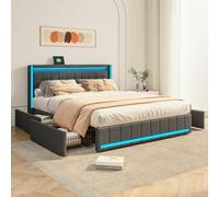 QMTXBYJ Letto matrimoniale 140 x 200 cm, letto matrimoniale con 4 cassetti, illuminazione a LED e funzione di ricarica USB, letto 140 x 200 cm, con cassetti, cassetto con spazio per ragazzi, tessuto