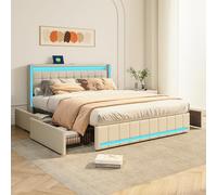 QMTXBYJ Letto matrimoniale 140 x 200 cm, letto matrimoniale con 4 cassetti, illuminazione a LED e funzione di ricarica USB, letto 140 x 200 cm, con cassetti, cassetto con spazio per ragazzi, tessuto