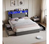QMTXBYJ Letto matrimoniale 140 x 200 con illuminazione a LED e presa USB, letti imbottiti 140 x 200 con ripiani aperti e testiera imbottita, letti matrimoniali con 4 cassetti e rete a doghe, senza