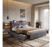 QMTXBYJ Letto matrimoniale 140 x 200, telaio letto con 4 cassetti e rete a doghe imbottite, letti imbottiti 140 x 200, testiera LED con vano portaoggetti e USB, letto matrimoniale per adolescenti