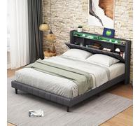 QMTXBYJ Letto matrimoniale 140 x 200, telaio letto con rete a listelli, letti imbottiti 140 x 200, testiera LED con vano portaoggetti e 2 USB, letto matrimoniale per adulti e adolescenti