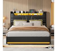 QMTXBYJ Letto matrimoniale 140x190 con Contenitore idraulico,USB e LED, Letti matrimoniali moderni con testiera e vano portaoggetti, Letto imbottito 140x190 con Contenitore,Senza Materasso,PU