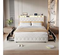 QMTXBYJ Letto matrimoniale 160 x 200 cm, letto matrimoniale con 4 cassetti, illuminazione a LED e funzione di ricarica USB, letto 160 x 200 cm, con cassetti, cassetto con spazio per ragazzi, flanella
