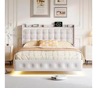 QMTXBYJ Letto matrimoniale 160 x 200 con illuminazione a LED e presa USB, letti 2 posti con testiera e ripostiglio, letti galleggianti 160 x 200 cm, telaio letto con rete a doghe in legno, bianco