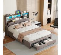 QMTXBYJ Letto matrimoniale 160 x 200, telaio letto con 2 cassetti e rete a listelli, letti imbottiti 160 x 200, testiera LED con vano portaoggetti e 2 USB, letto matrimoniale per adolescenti
