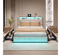 QMTXBYJ Letto matrimoniale con Contenitore 140x190 cm, letto imbottito 140x190 con 4 cassetti, LED e Porta USB, letto funzionale con testiera, struttura letto con rete a doghe, Lino,Senza Materasso