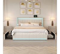 QMTXBYJ Letto matrimoniale con Contenitore 140x190 cm, letto imbottito 140x190 con 4 cassetti, LED e Porta USB, letto funzionale con testiera, struttura letto con rete a doghe, Lino,Senza Materasso