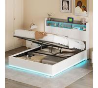 QMTXBYJ Letto matrimoniale con contenitore 140x190 con LED e USB, Letto imbottito 140x190 con contenitore idraulico, letto funzionale,Struttura letto con ripostiglio testiera e rete a doghe,Velluto