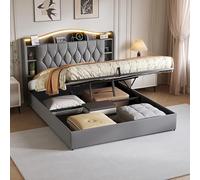 QMTXBYJ Letto Matrimoniale con Contenitore 140x200 cm con LED e USB, Letti matrimoniali moderni con testiera e vano portaoggetti, Letto imbottito 140x200 con Contenitore, Senza Materasso,velluto