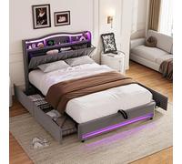 QMTXBYJ Letto matrimoniale con Contenitore 140x200 cm, letto imbottito 140x200 con 4 cassetti, LED e Porta USB, letto funzionale con testiera, struttura letto con rete a doghe,Velluto,Senza Materasso