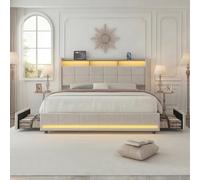 QMTXBYJ Letto matrimoniale con Contenitore 140x200 cm, letto imbottito 140x200 con 4 cassetti, LED e Porta USB, letto funzionale con testiera, struttura letto con rete a doghe, Lino,Senza Materasso