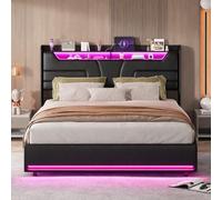QMTXBYJ Letto matrimoniale con contenitore 140x200 con LED e USB, Letto imbottito 140x200 con contenitore idraulico, letto funzionale,Struttura letto con ripostiglio testiera e rete a doghe,PU