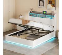 QMTXBYJ Letto matrimoniale con contenitore 140x200 con LED e USB, Letto imbottito 140x200 con contenitore idraulico, letto funzionale,Struttura letto con ripostiglio testiera e rete a doghe,Velluto